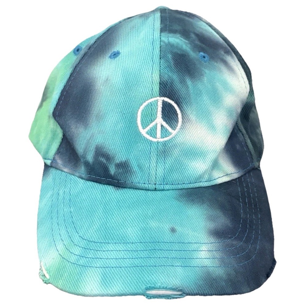 NWT Haute Shore Baseball Cap Blue Teal‎ Tie Dye Peace Sign Distressed Cotton Hat